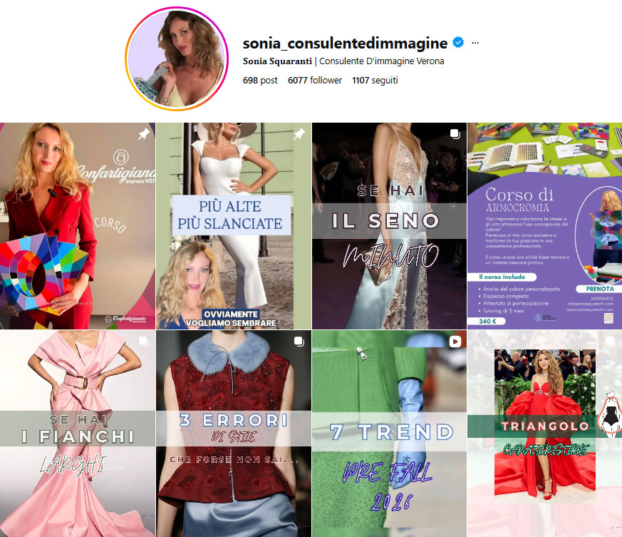 Screenshot del profilo Instagram di Sonia Squaranti, consulente d’immagine a Verona, con griglia di post su armocromia, stile e consulenza d’immagine.